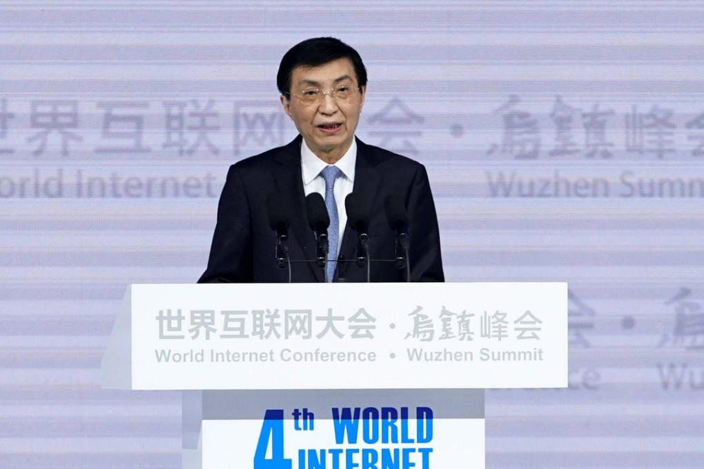 Wang Huning addresses the World Internet Conference in Wuzhen. Photo: Reuters