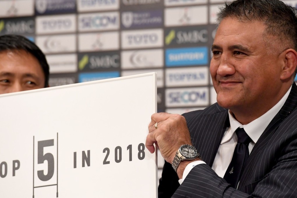 Jamie Joseph displays the Sunwolves’ target for 2018. Photo: AFP
