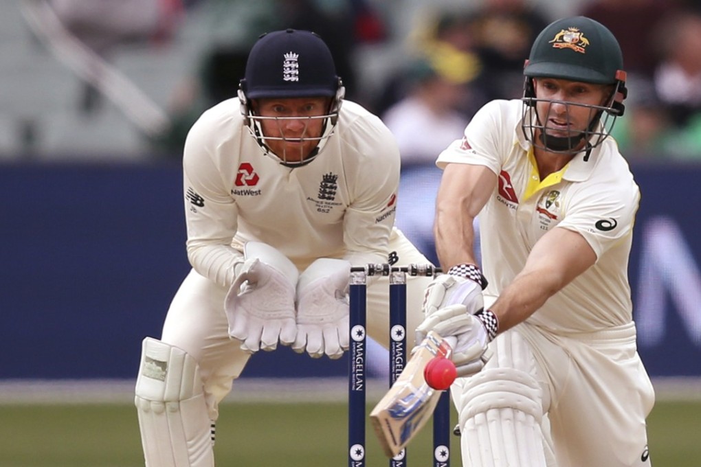 Australia’s Shuan Marsh attempts to sweep the ball in front of England’s Jonny Bairstow during the second day of the second Ashes test in Adelaide. Photo: AP