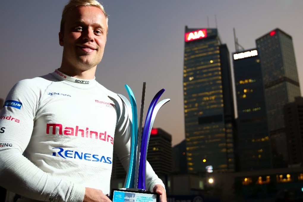 Felix Rosenqvist holds the HKT Hong Kong E-Prix trophy after being elevated to race winner following Daniel Abt’s disqualification. Photo: Handout