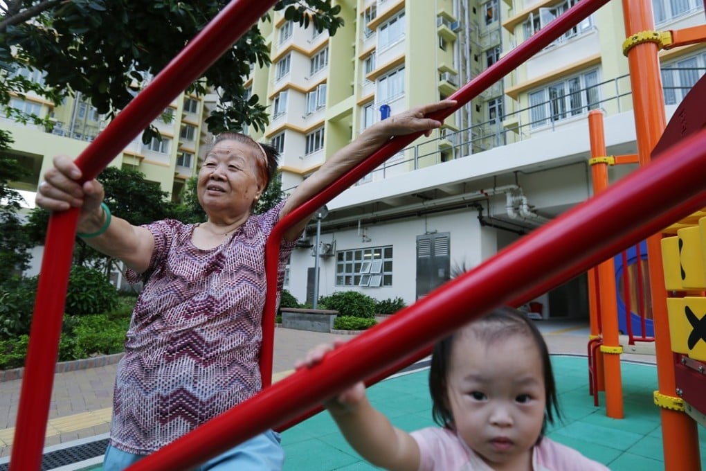 Chan Yuet-ngor, 75, enjoys the facilities outside her flat at King Tai Court, a Home Ownership Scheme housing project, in San Po Kong in October. Photo: Xiaomei Chen