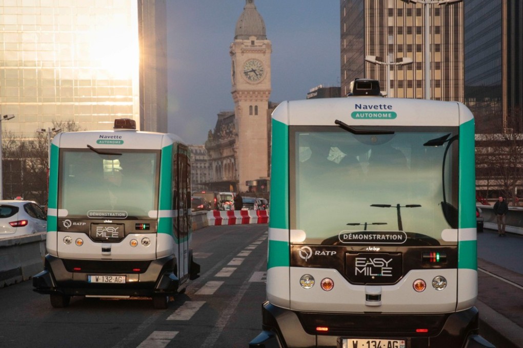 Electric driverless shuttle minibuses start a two-month trial run, in Paris in January. Photo: AFP