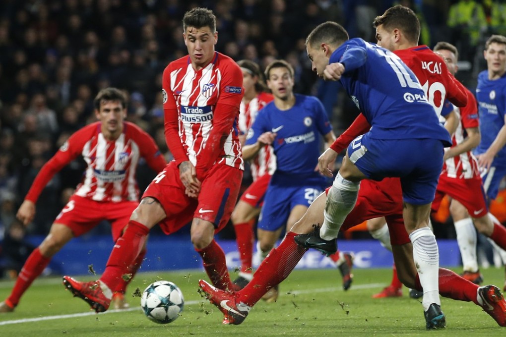 Eden Hazard’s shot is deflected in for an own goal by Atletico’s Stefan Savic. Photo: AP