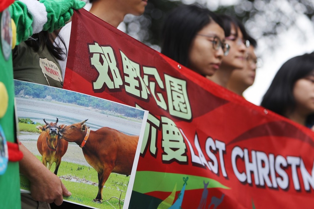 Greenpeace members urge the Task Force on Land Supply to safeguard country parks in a protest outside Hong Kong government headquarters in Tamar. Photo: Winson Wong