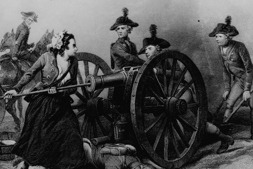 A 1859 engraving depicts Margaret Corbin at the Battle of Fort Washington in New York in 1776. Artwork: J. C. Armytage