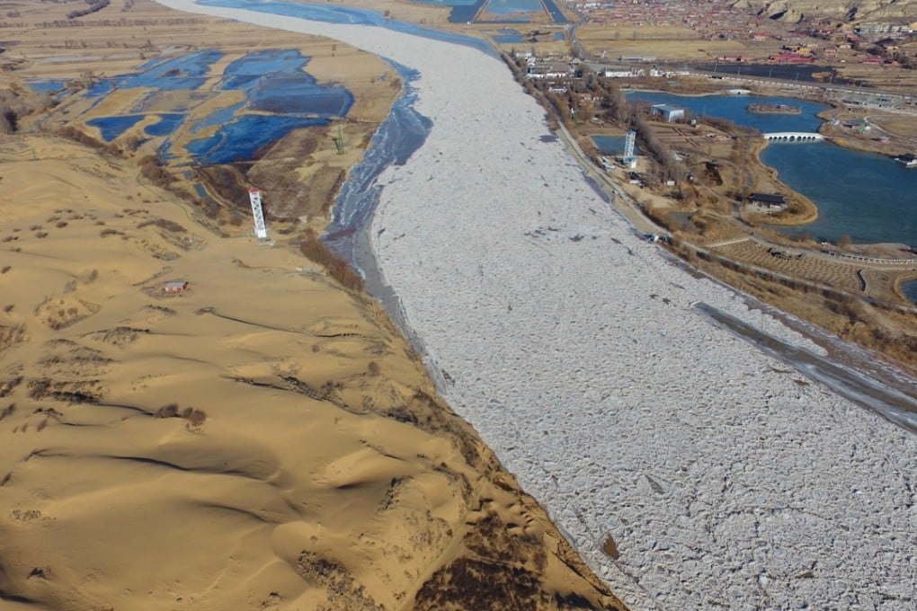 Frozen ice seen on a section of the Yellow River in Inner Mongolia. Photo: Xinhua