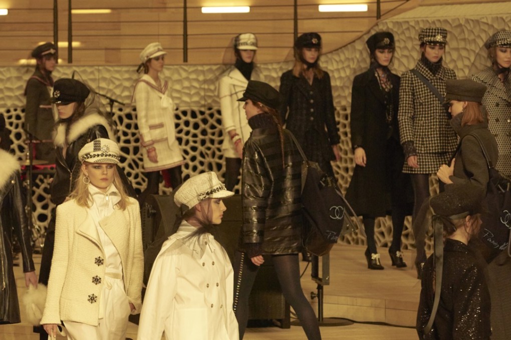 The finale of Chanel’s Paris-Hamburg Métiers d’Art show, with Karl Lagerfeld’s takes on the seaman’s cap adorning every model.