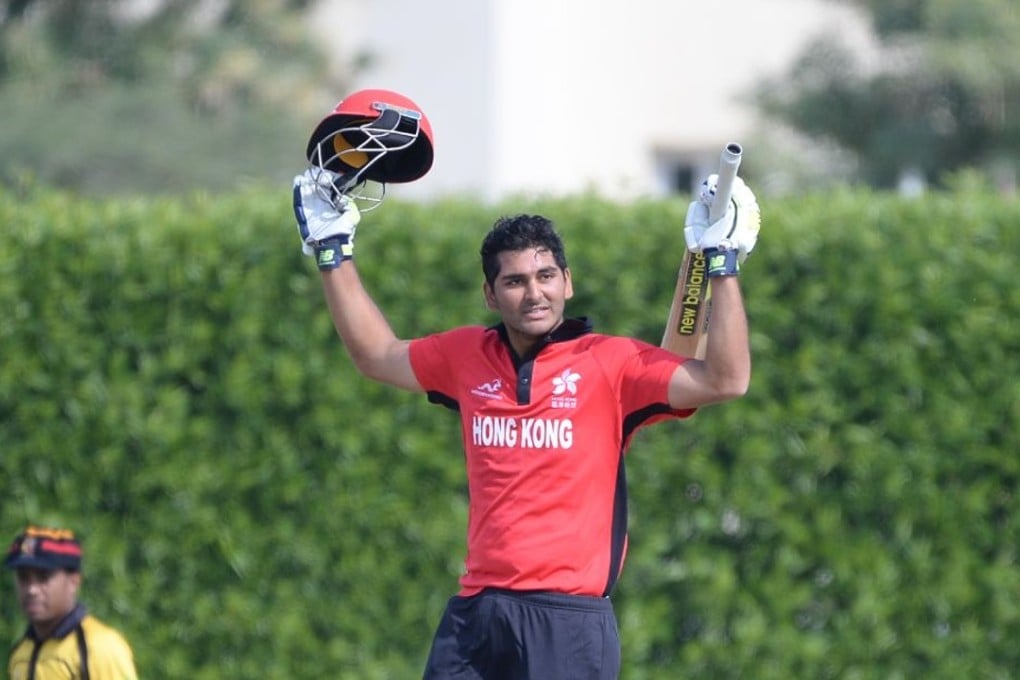 Anshuman Rath celebrates his century against Papua New Guinea. Photo: Cricket Hong Kong.