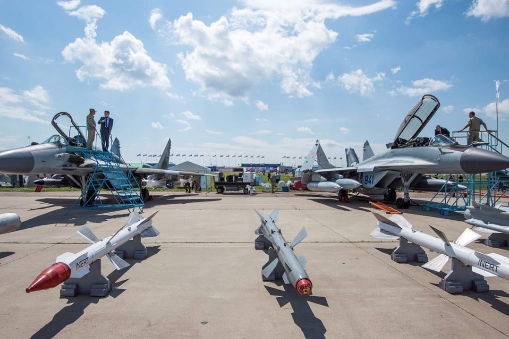 The different missiles that can be attached to Russian warplanes presented during the opening day of the annual air show MAKS 2017 in Zhukovsky, outside Moscow. Photo: AFP