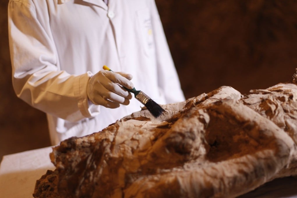 An Egyptian archaeologist works on a mummy found in the newly discovered "Kampp 150" tomb on Luxor's west bank. Photo: Xinhua