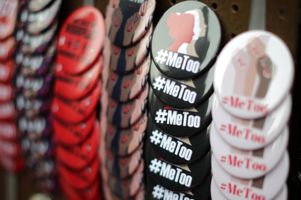 A vendor sells #MeToo badges at a protest march for survivors of sexual assault and their supporters in Hollywood, Los Angeles on November 12, 2017. Photo: Reuters