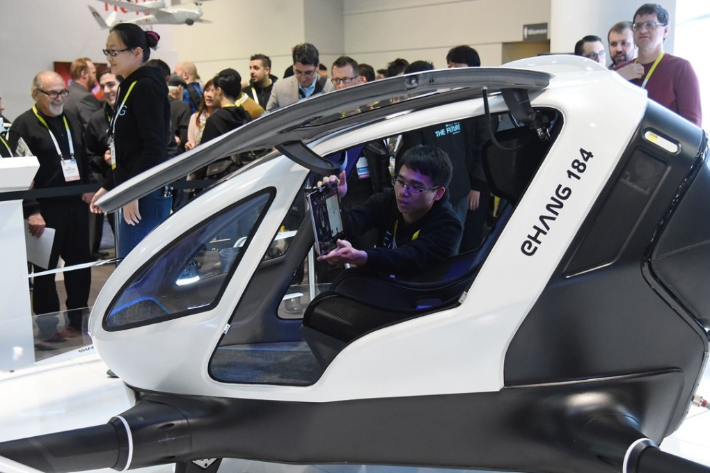 An EHang 184 autonomous-flight drone that can fly a person is displayed at CES 2016 at the Las Vegas Convention Center on January 7, 2016 in Las Vegas, Nevada. Photo: Ethan Miller/Getty Images/AFP