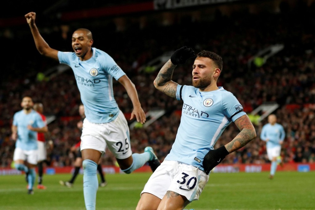 Manchester City’s Nicolas Otamendi celebrates grabbing a vital winning goal in the Manchester derby. Photo: Reuters