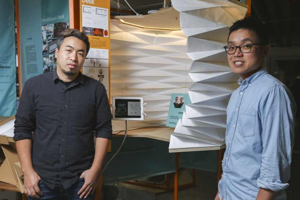 Lantern desk designers Sammy Yee Kin-hang (left) and Francis Wong Chi-wing (right) at PMQ in Central. Photo: Xiaomei Chen