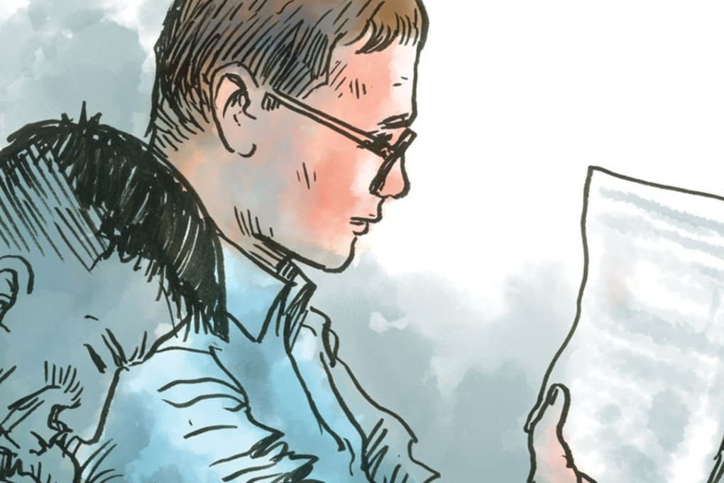A slimmed-down Rurik Jutting fiddled with the court documents he had brought with him from time to time. Illustrations: Adolfo Arranz