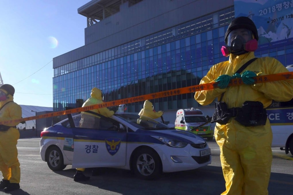 South Korean policemen standing guard during an anti-terror drill at the Olympic Stadium, the venue of the opening and closing ceremony for the Pyeongchang 2018 Winter Olympic Games. Photo: AFP
