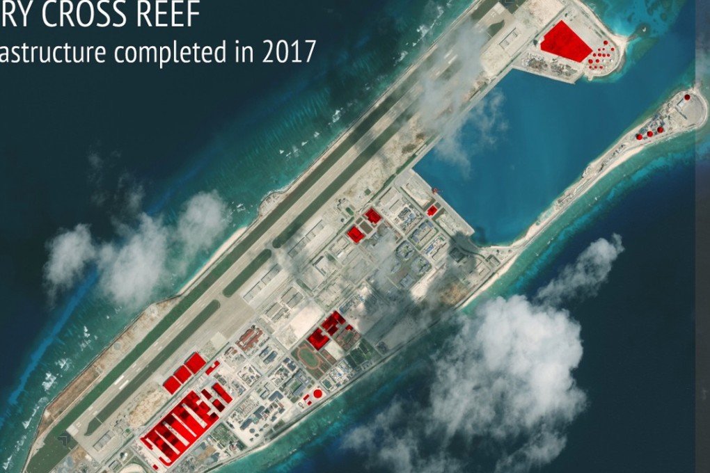 A satellite image provided by Asia Maritime Transparency Initiative shows construction work carried out by China on Fiery Cross Reef in the Spratly island chain in the South China Sea. Photo: Associated Press