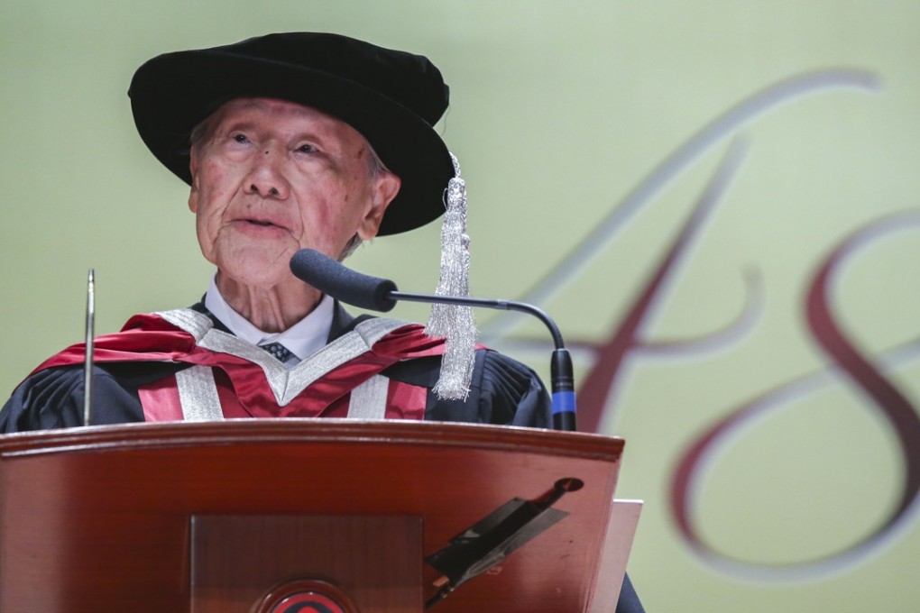 Professor Wang Gungwu gives a speech as he is conferred by Chairman of the Council at the Lingnan University. Photo: K. Y. Cheng