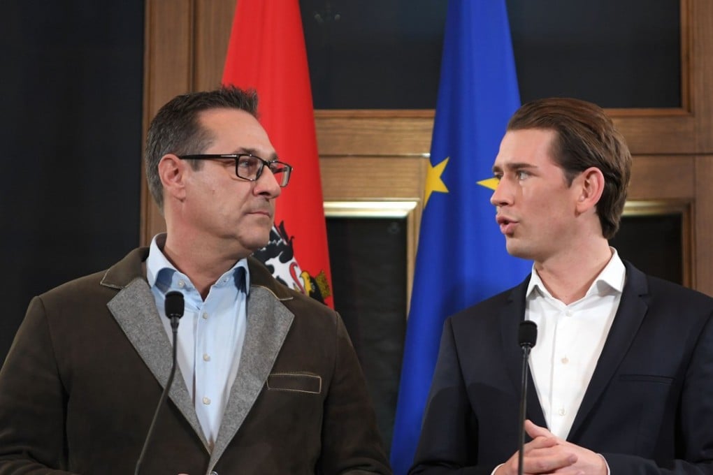 Freedom Party chairman Heinz-Christian Strache and leader of Austria's conservative People's Party (OeVP), Sebastian Kurz. After forming an alliance, Kurz is poised to become chancellor and the world’s youngest leader. Photo: AFP