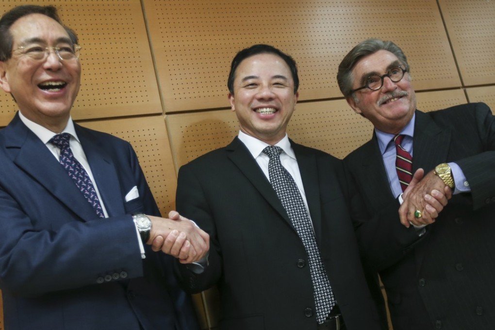 HKU council chairman Professor Arthur Li Kwok-cheung (left), Zhang, and vice chancellor Brian Stevenson on Friday. Photo: David Wong