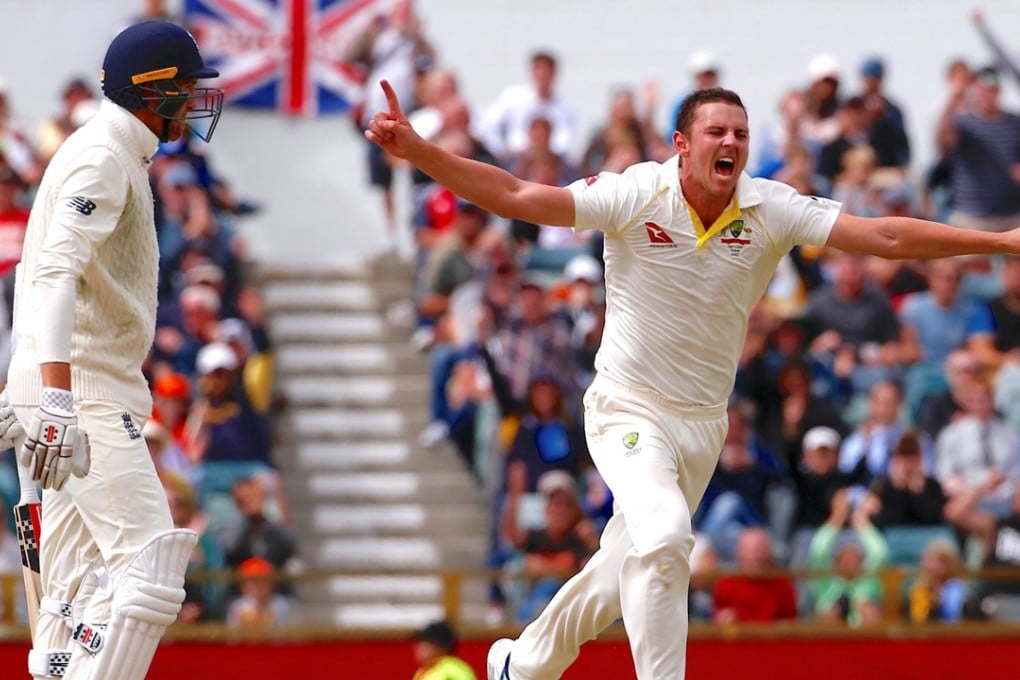Australia's Josh Hazlewood celebrates taking the wicket of England's Craig Overton during the fifth day of the third Ashes test. Photo: Reuters