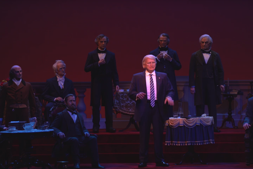 The robotic President Trump, as seen in Disney's revamped Hall of Presidents at Walt Disney World in Orlando, Florida. Photo: Screenshot/YouTube