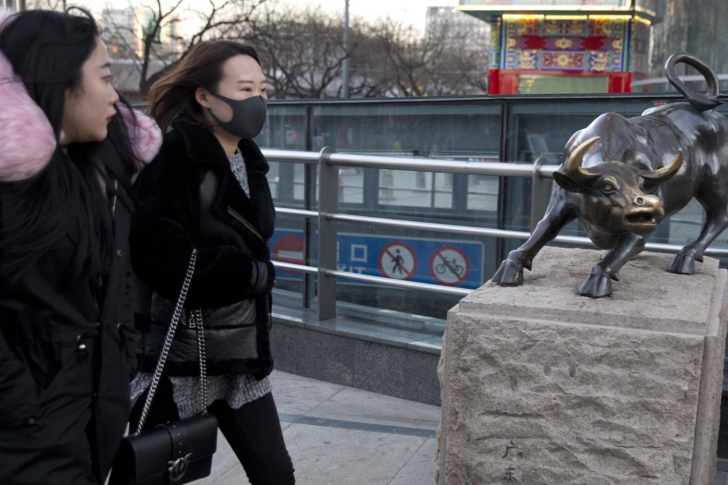 Pedestrians pass by a mini statue of a bull in Beijing. In mainland trading, the Shanghai Composite Index slipped 0.3 per cent to close at 3,287.61. Photo: AP