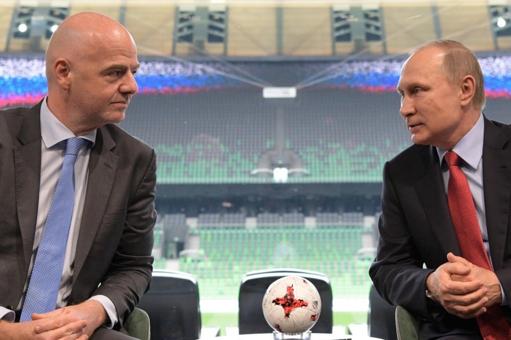 Russian President Vladimir Putin meets Fifa president Gianni Infantino at the FC Krasnodar Stadium in Krasnodar, Russia. Photo: AP