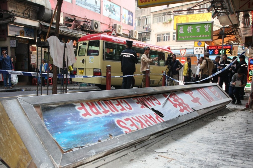 A fallen sign on Nanking Street in Yau Ma Tei. Photo: Handout
