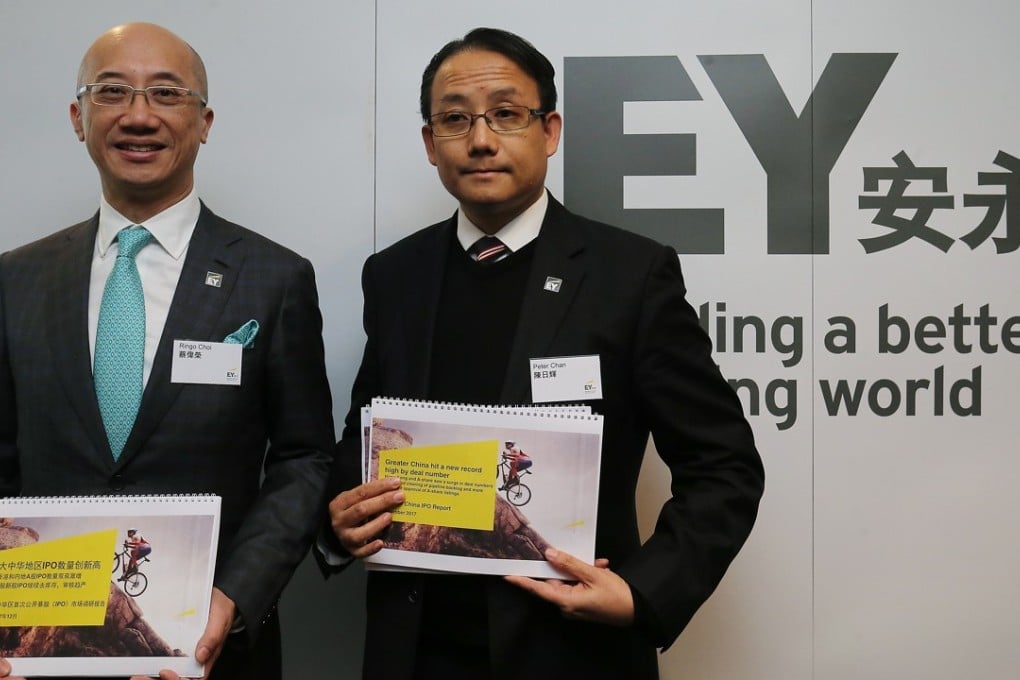 Ringo Choi (left), IPO leader for Asia-Pacific at EY, and Peter Chan, assurance partner at EY, at a press conference to announce their forecasts for next year. Photo: Dickson Lee