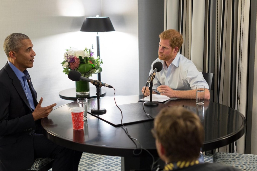 Britain’s Prince Harry interviews former US president Barack Obama. Photo: AFP