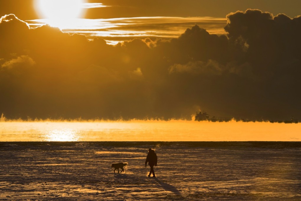 A man walks his dog across the snow covered beach while a cargo ship sits in the steaming fog of Lake Ontario in Toronto on Wednesday. Cold temperatures have covered much of North America bringing arctic like conditions. Photo: AP
