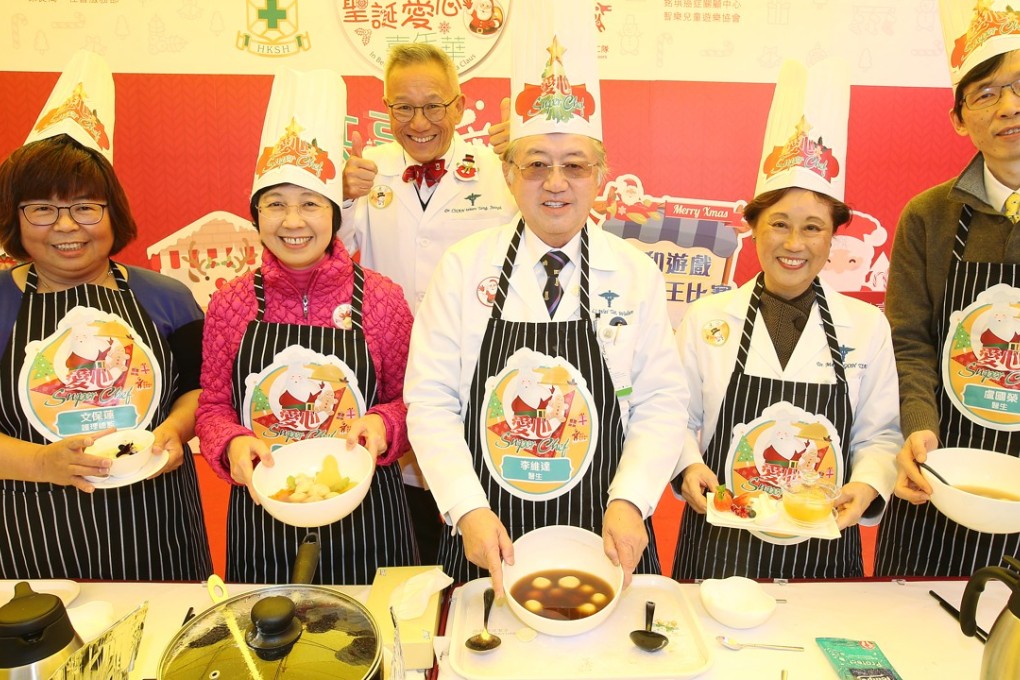 (From left) Manbo Man Bo-lin, director of nursing services; Dr Polly Cheung Suk-yee; Joseph Chan Woon-tong, deputy medical superintendent; Dr Walton Li Wai-tat, medical superintendent; Dr Marion Goh Tsao Mei-ling; and Dr Matthew Lo Kwok-wing with their creations at the Super Chef contest. Photo: David Wong
