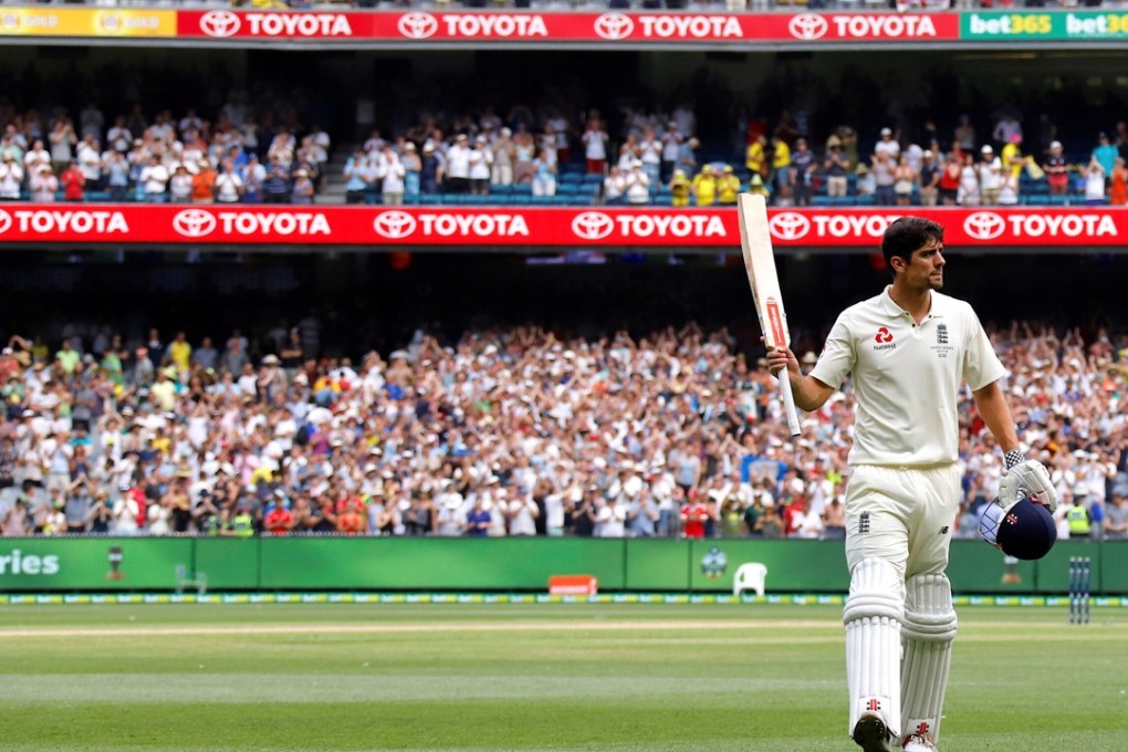 England's Alastair Cook acknowledges the crowd as he walks off the ground at the end of the third day of the fourth Ashes test. Photo: Reuters
