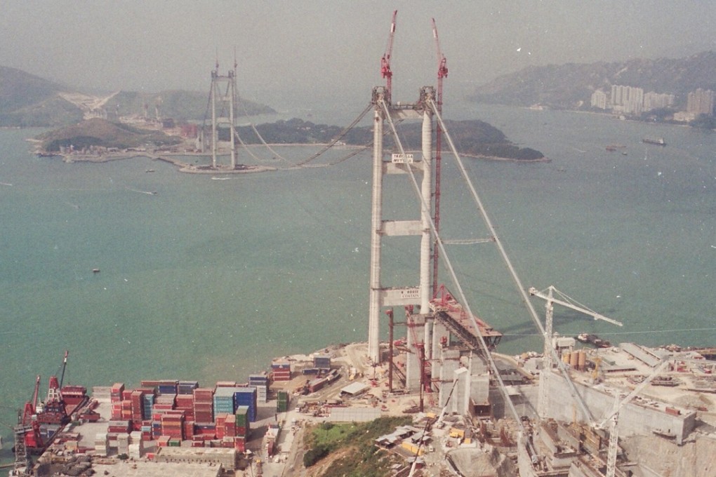 An aerial view of the Tsing Ma Bridge under construction. The bridge is a Hong Kong landmark linking Lantau Island and the rest of the city. Photo: SCMP