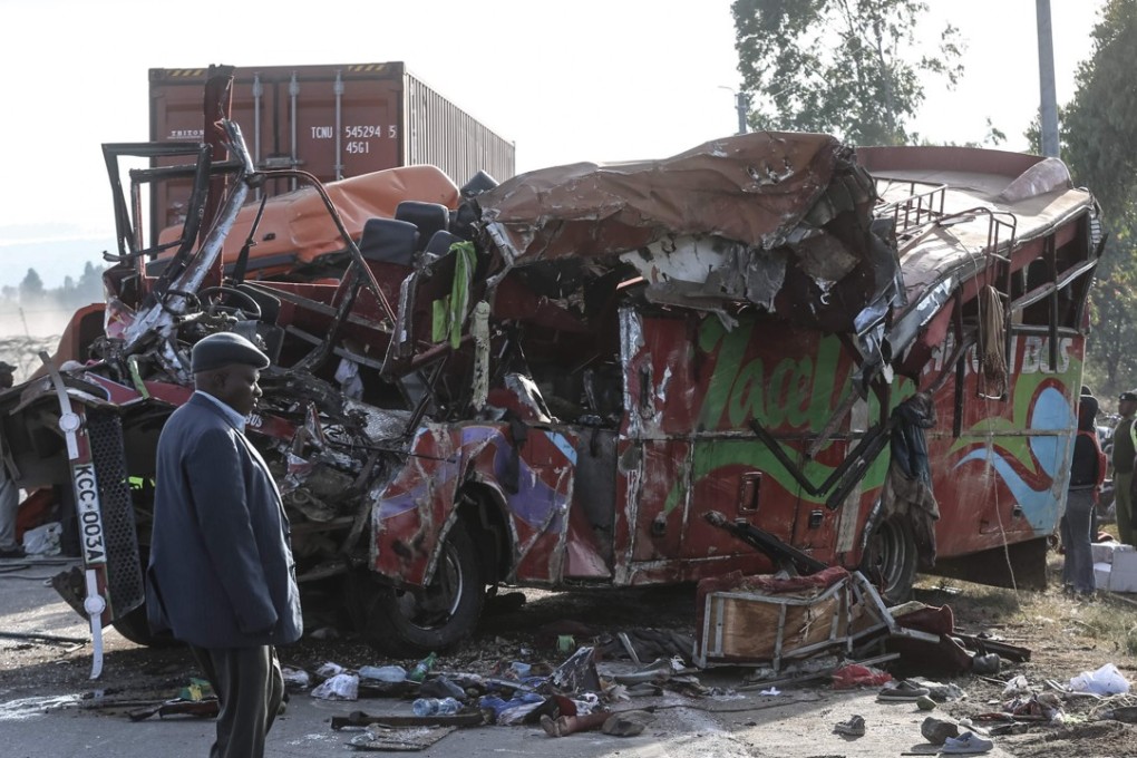 The wreckage of a bus and a lorry that crashed near Nakuru, Kenya. Photo: AFP