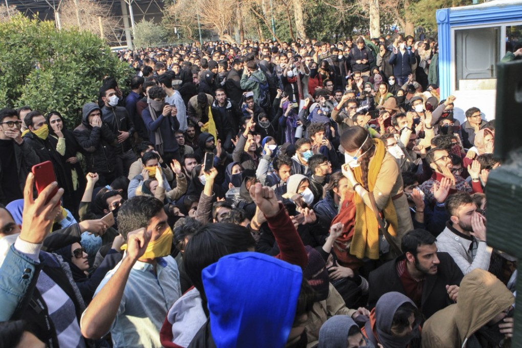 Students at a protest inside Tehran University. Photo: AP
