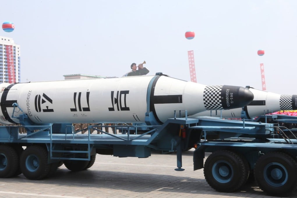 A submarine-launched ballistic missile is displayed during a military parade in central Pyongyang on April 15, 2017. Tensions are high following a year of name calling from both Donald Trump and Kim Jong-un. Photo: Xinhua/Zuma Press/TNS