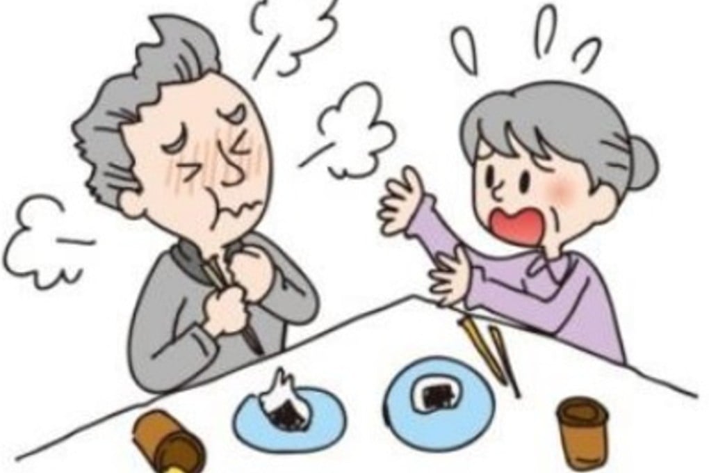In 2016, Japanese authorities posted on the internet illustrated advice on what to do should someone start to choke, with a vigorous slap on the back while supporting the chin a suggested remedy. Photo: Handout