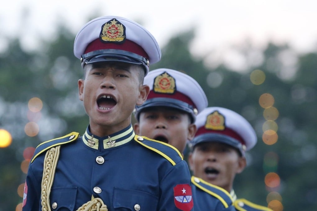 Soldiers shout slogans during the military parade and flag-rising ceremony to mark the 70th Myanmar Independence Day in Naypyitaw, Myanmar, on January 4, 2018. Photo: EPA