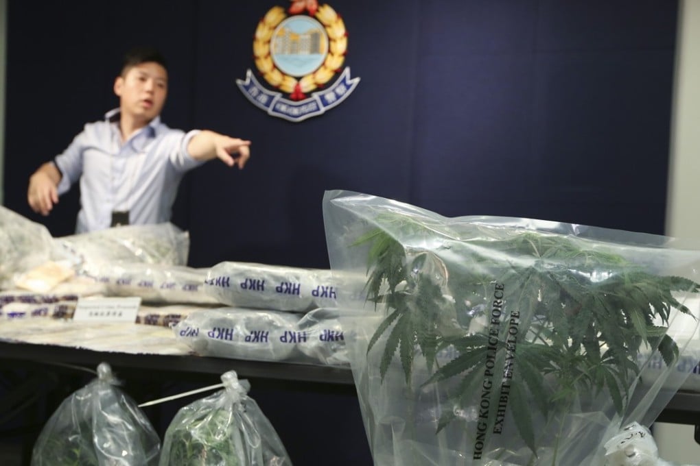 A Hong Kong police official last May announcing a seizure of more than 2,000 marijuana plants and 24kg of herbal cannabis valued at HK$38 million (US$4.85 million). Photo: Sam Tsang