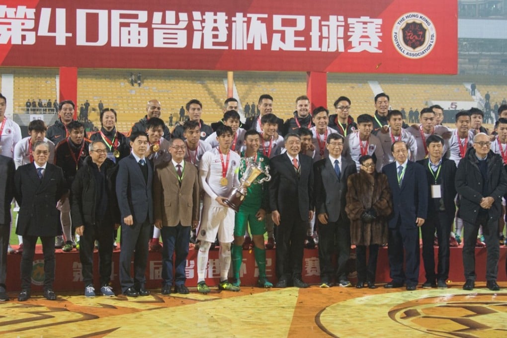 Hong Kong celebrate their interport cup win. Photo: HKFA