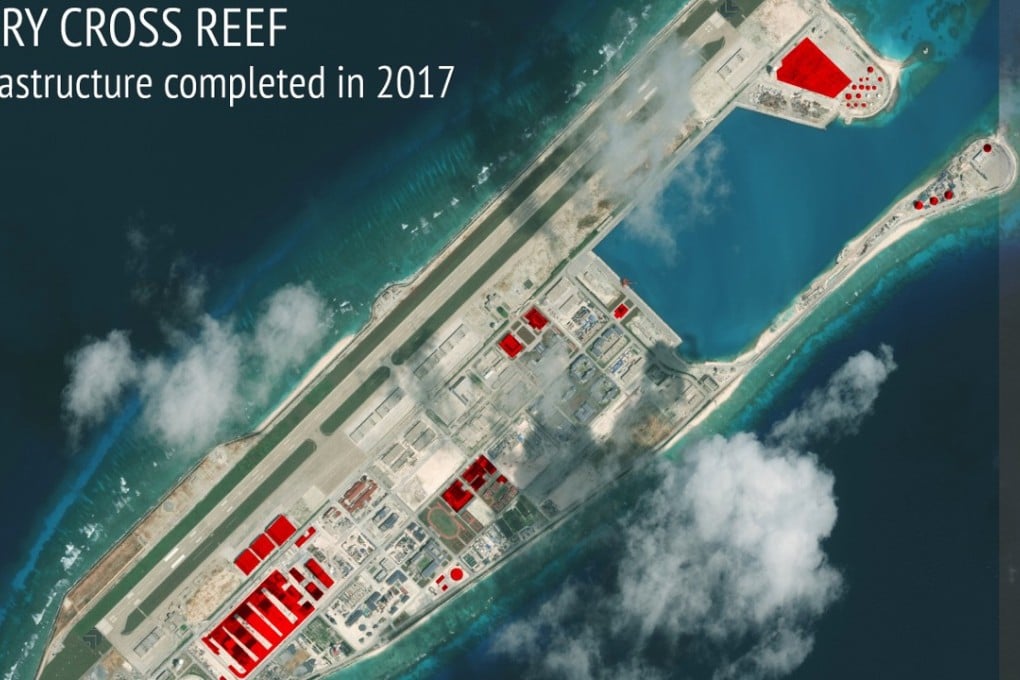 A satellite image from the Asia Maritime Transparency Initiative in the US showing Chinese construction work on Fiery Cross Reef in the disputed Spratly Islands chain in the South China Sea. Photo: AP