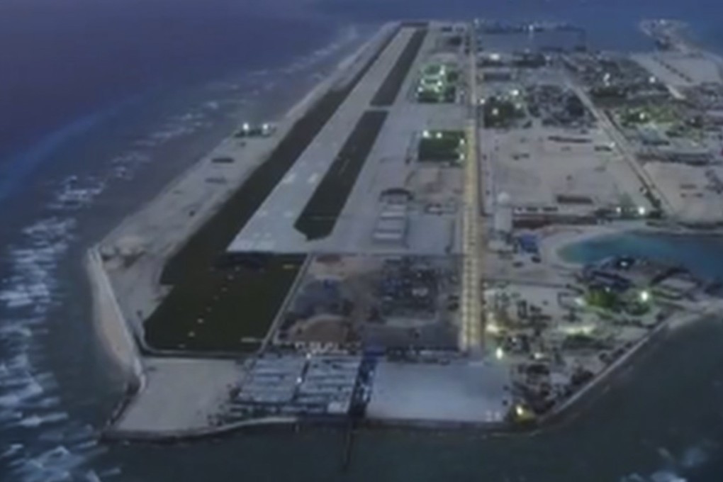 A still from a CCTV report showing Fiery Cross Reef, which appears to have been turned into an airbase. Photo: CCTV