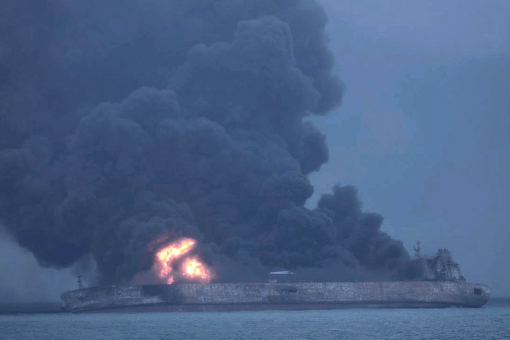 A photograph made available by the South Korean Coast Guard on Monday shows the Panama-registered tanker Sanchi on fire after a collision with the Hong Kong-registered freighter CF Crystal off China's east coast on Saturday. Photo: EPA-EFE/South Korea Coast Guard handout