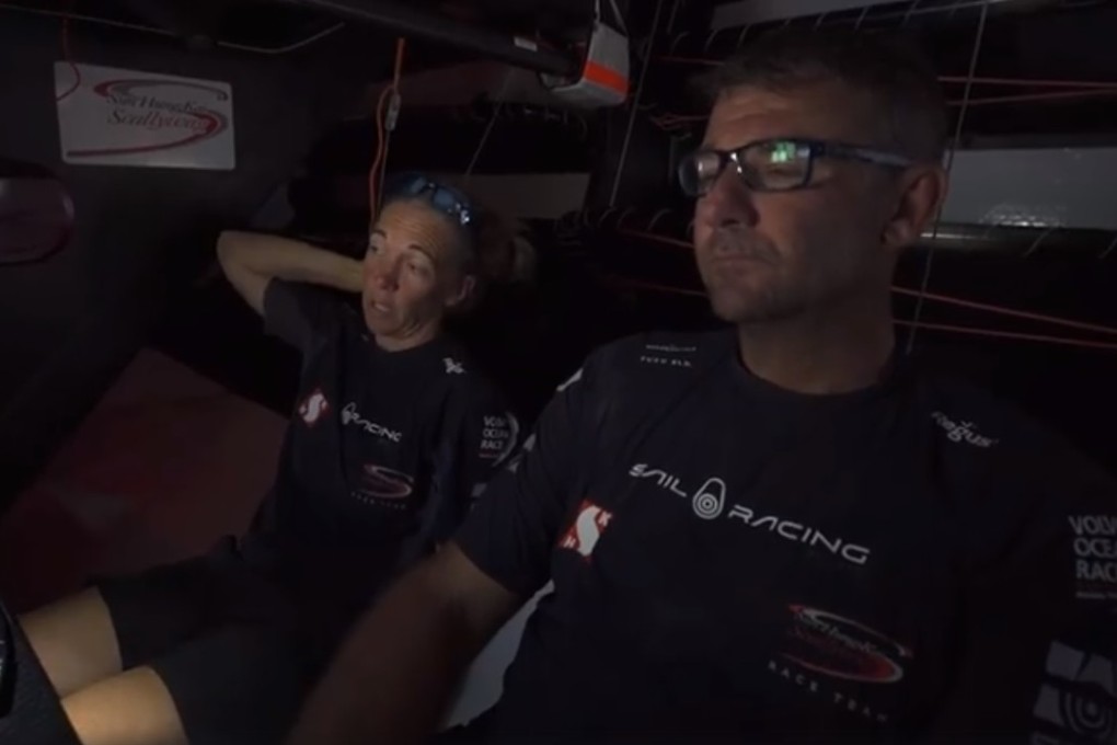 Scallywag navigator Libby Greenhalgh and skipper David Witt plot a course within the depths of their boat. Photo: VOR