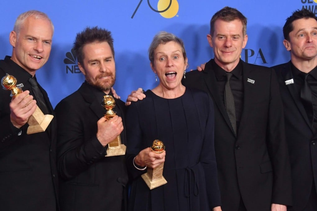 Martin McDonagh, Sam Rockwell, Frances McDormand, Graham Broadbent and Peter Czernin pose together after Three Billboards Outside Ebbing, Missouri won Best Motion Picture Drama at the Golden Globe Awards. Photo: AFP