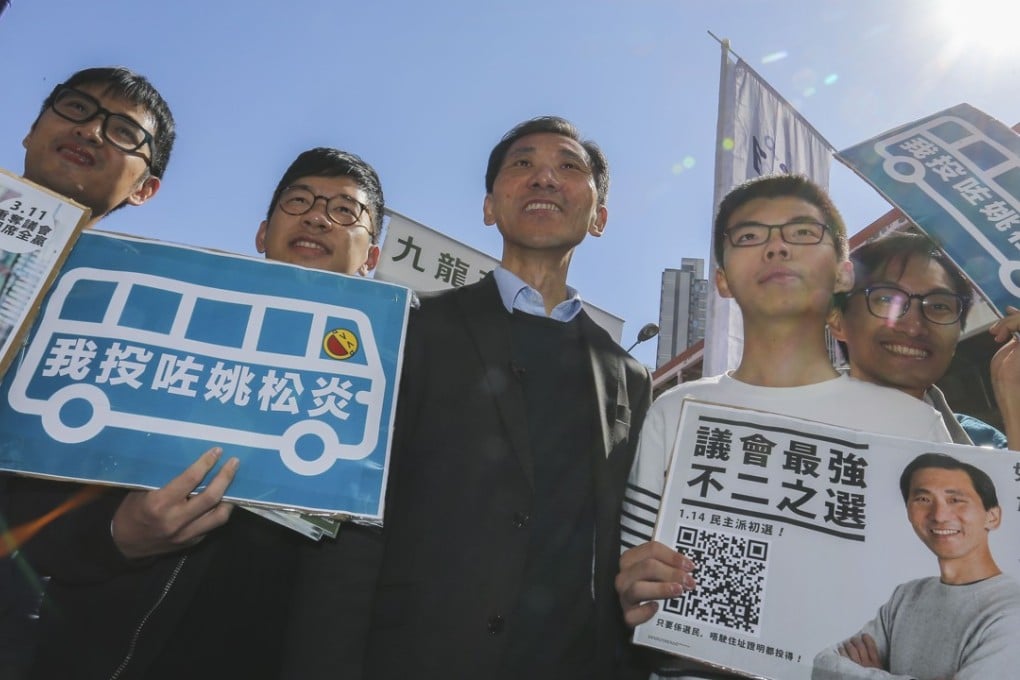 From left: Alex Chow, Nathan Law, Edward Yiu, Joshua Wong and Eddie Chu meet supporters at Shek Kip Mei Wet Market. Photo: Dickson Lee