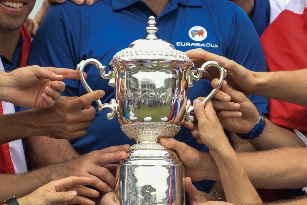 Team Europe players hold the trophy after they won the 2018 Eurasia Cup Golf tournament at the Glenmarie Golf and Country club in Shah Alam, near Kuala Lumpur. Photo: AFP