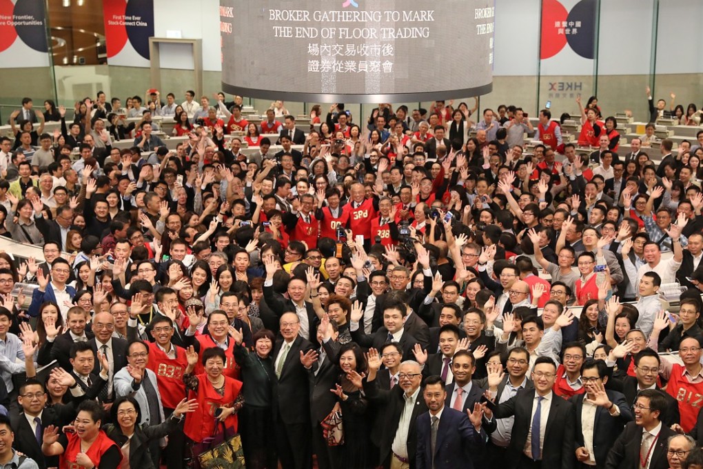The Hong Kong stock exchange may have pulled the curtains on its trading hall on October 27, 2017, but that has not stopped the Hang Seng Index from surging to a record high at the opening bell on Monday. Photo: Edward Wong